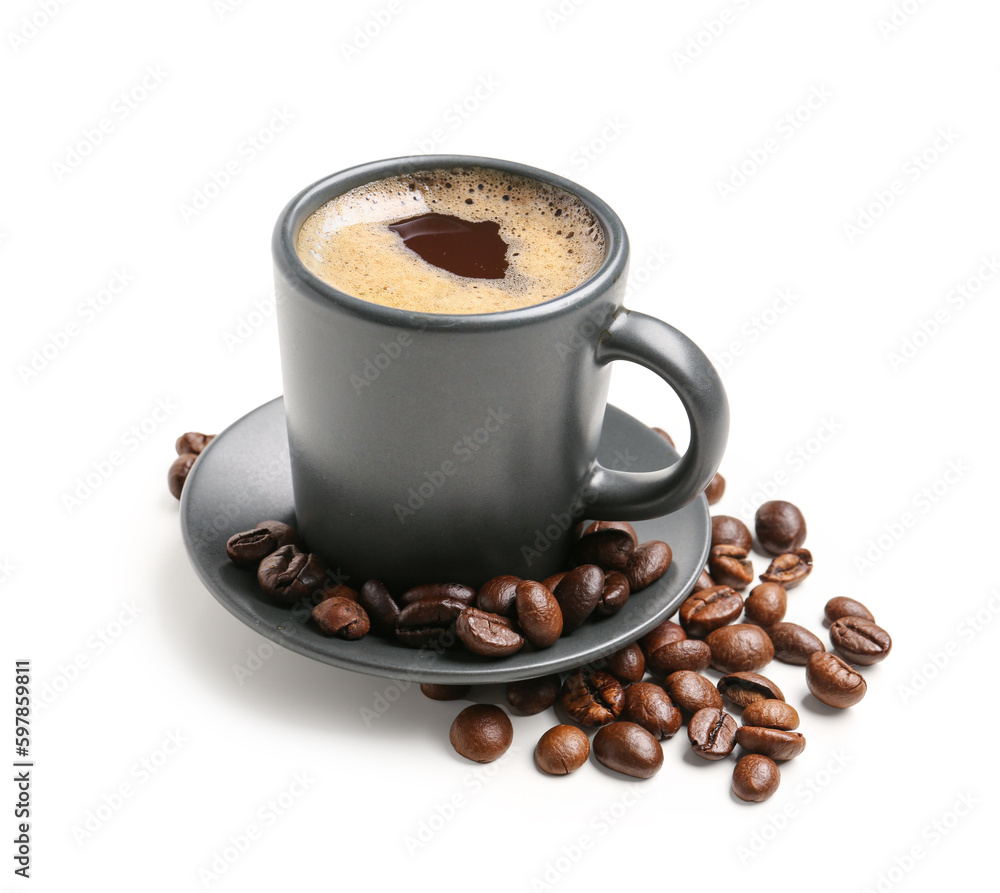 Cup of hot aromatic coffee on white background