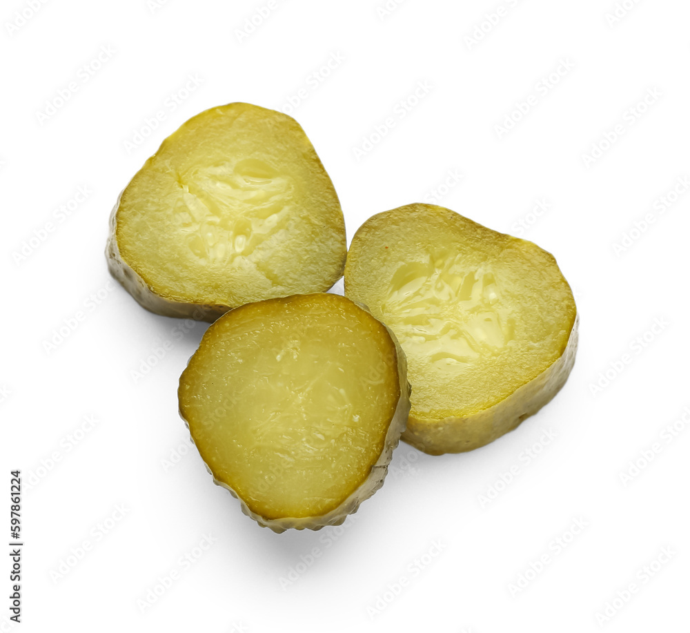 Tasty fermented cucumber pieces on white background