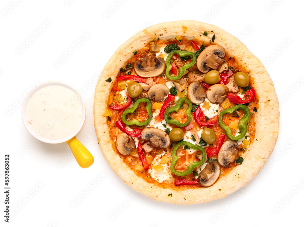 Vegetable pizza with sauce on white background