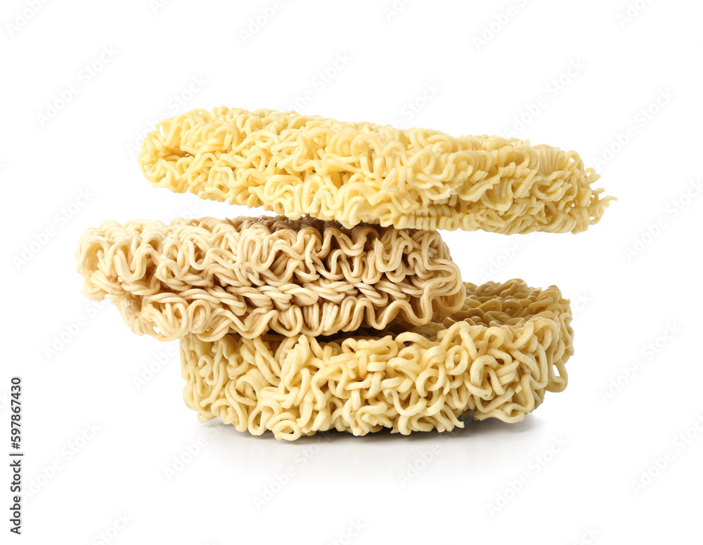 Raw instant noodles on white background