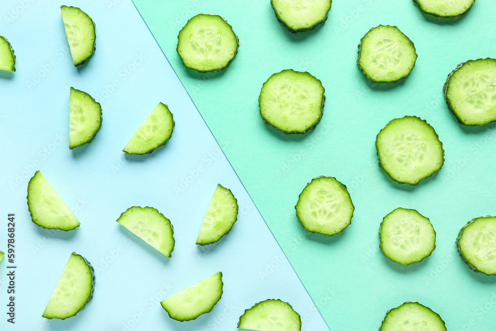 Slices of cucumber on colorful background