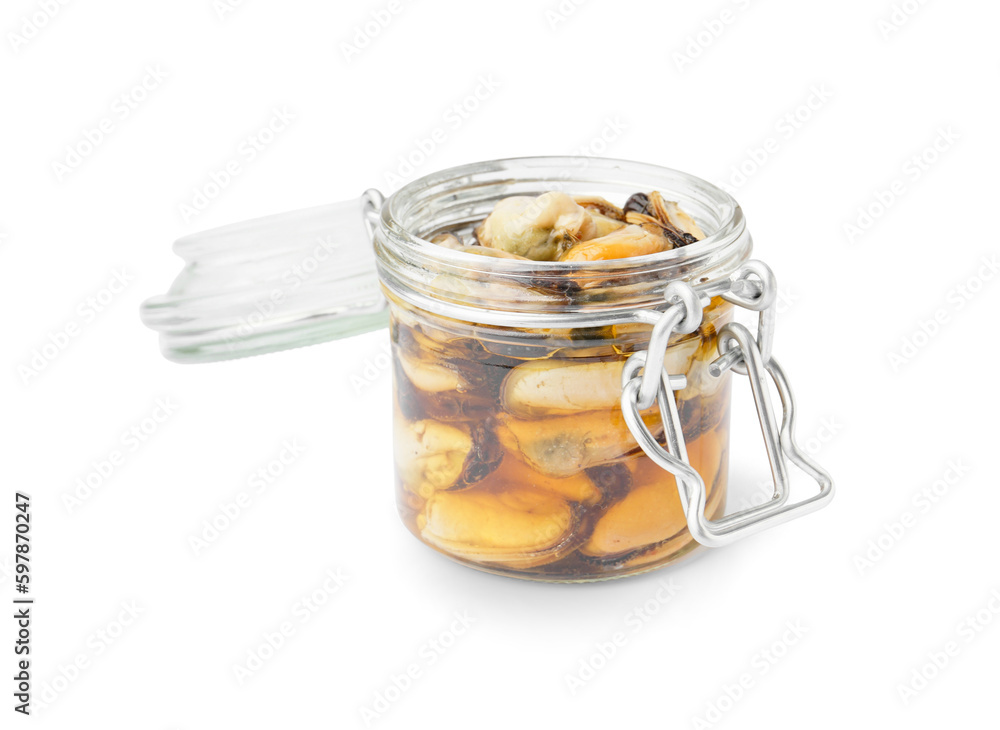 Marinated mussels in open jar on white background