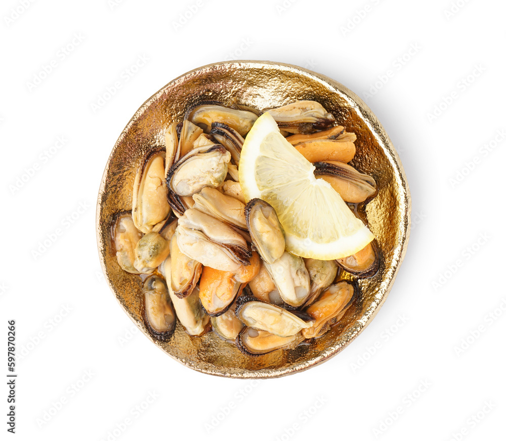 Marinated mussels with lemon slice on white background