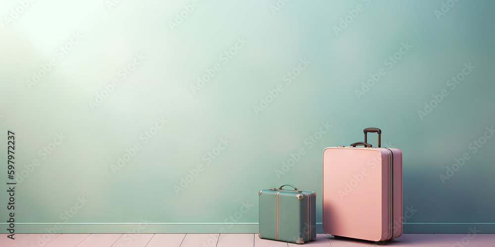 Pastel colored scene with travel suitcases, on uniform background. Trip concept. Generative AI