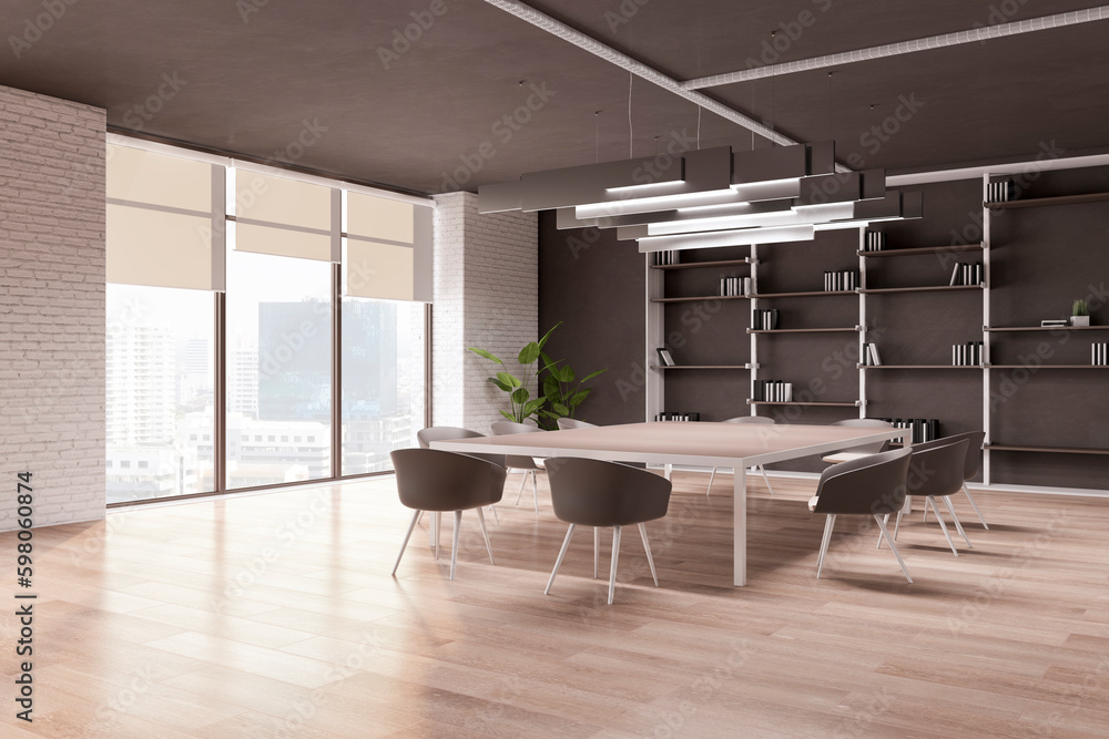 Luxury light meeting room interior with window and cirty view, equipment and furniture. 3D Rendering