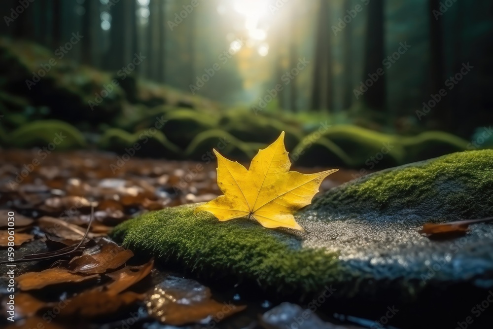 leaf resting on a rock covered in vibrant green moss. Generative AI Generative AI