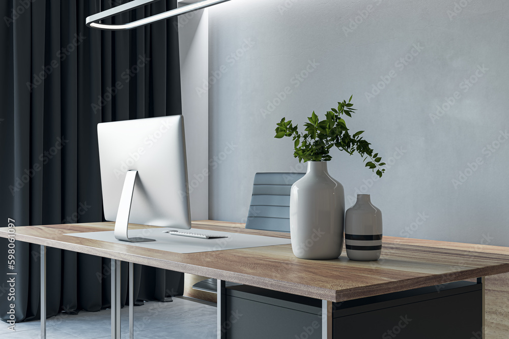 Contemporary concrete and wooden office interior with workspace and furniture. 3D Rendering.