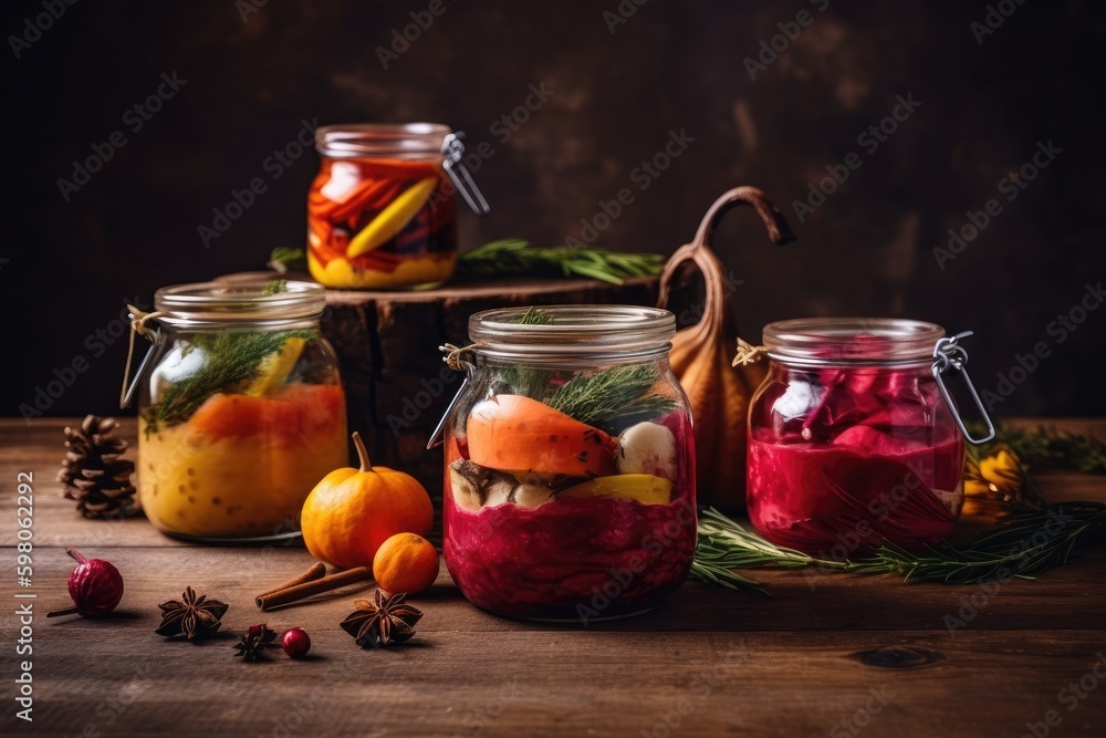 wooden table filled with various glass jars of colorful and delicious food. Generative AI Generative