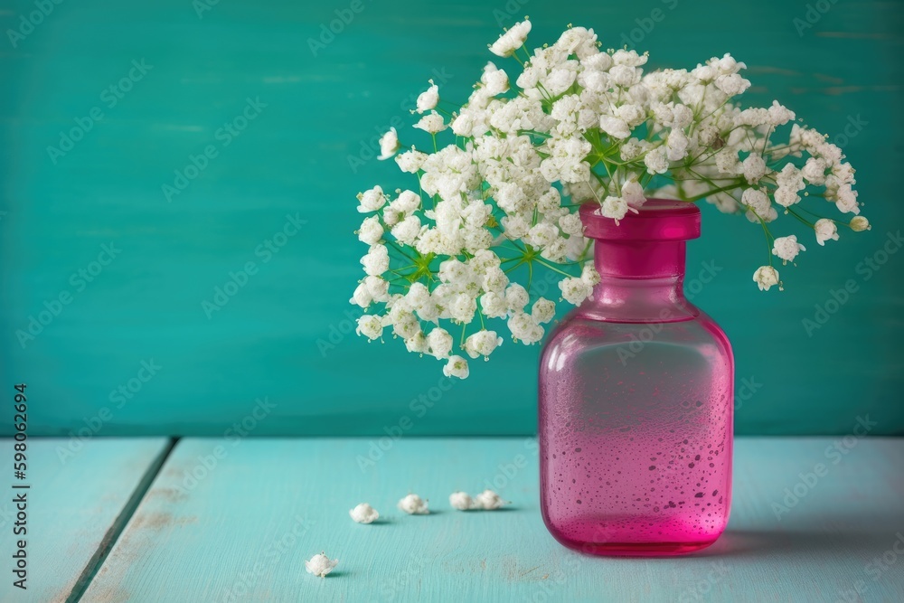 pink vase filled with white flowers sitting on a wooden table. Generative AI Generative AI