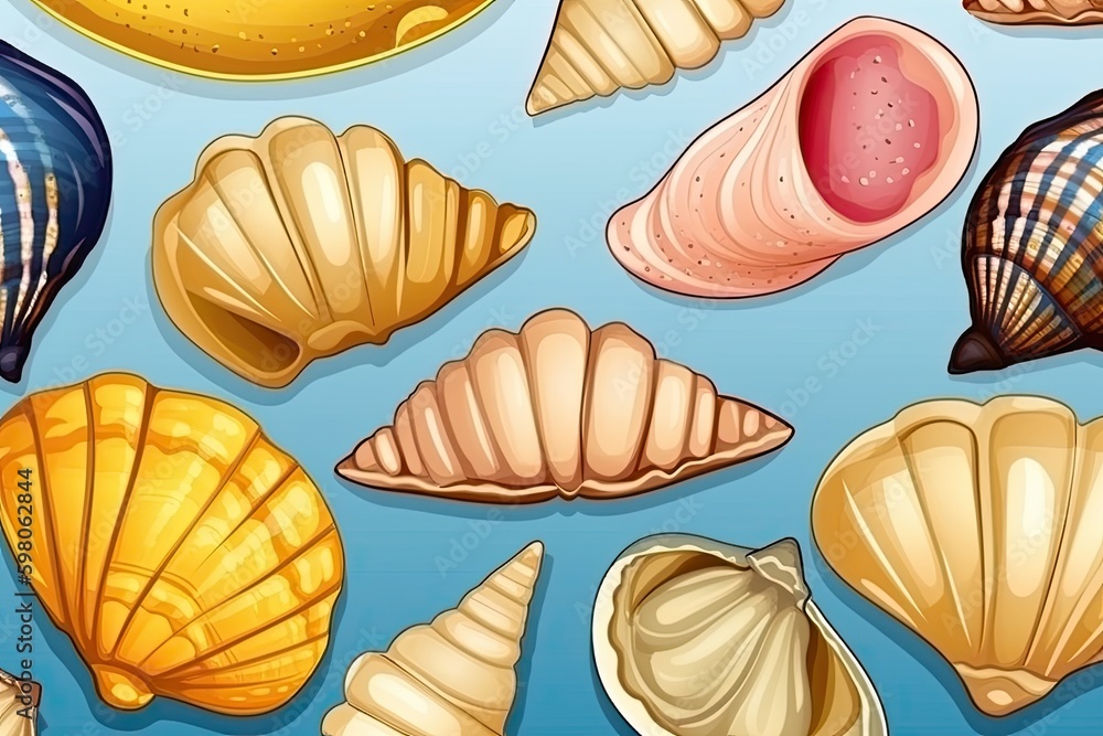 various seashells on a vibrant blue background. Generative AI Generative AI