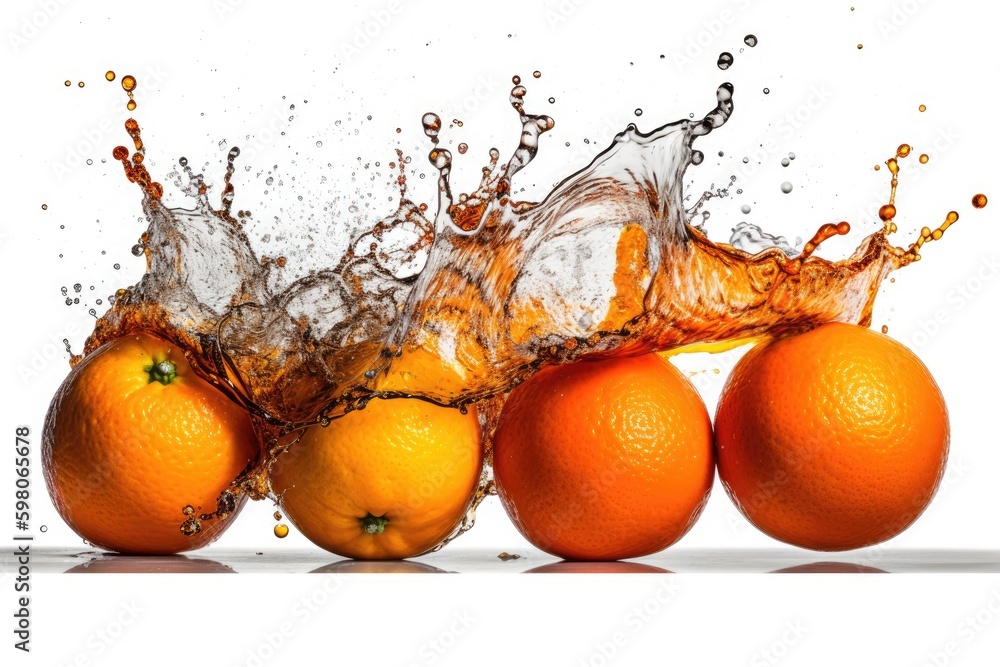 oranges with water drops splashing on them. Generative AI Generative AI