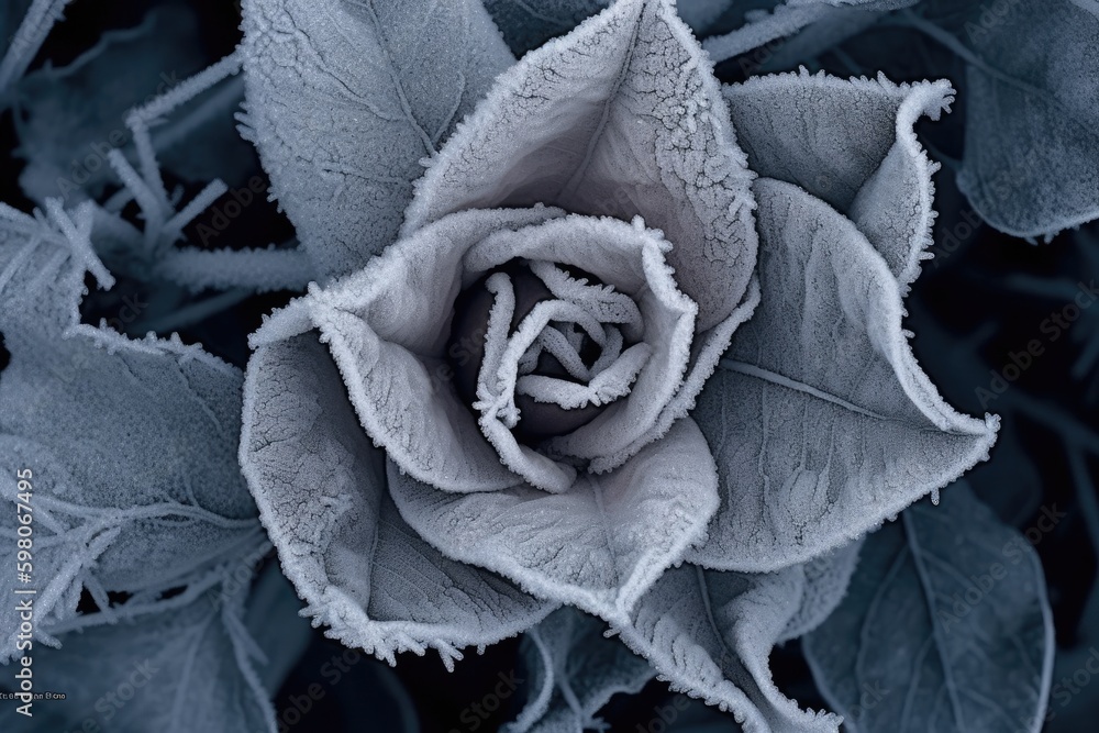 beautiful black and white photograph of a rose covered in frost. Generative AI Generative AI