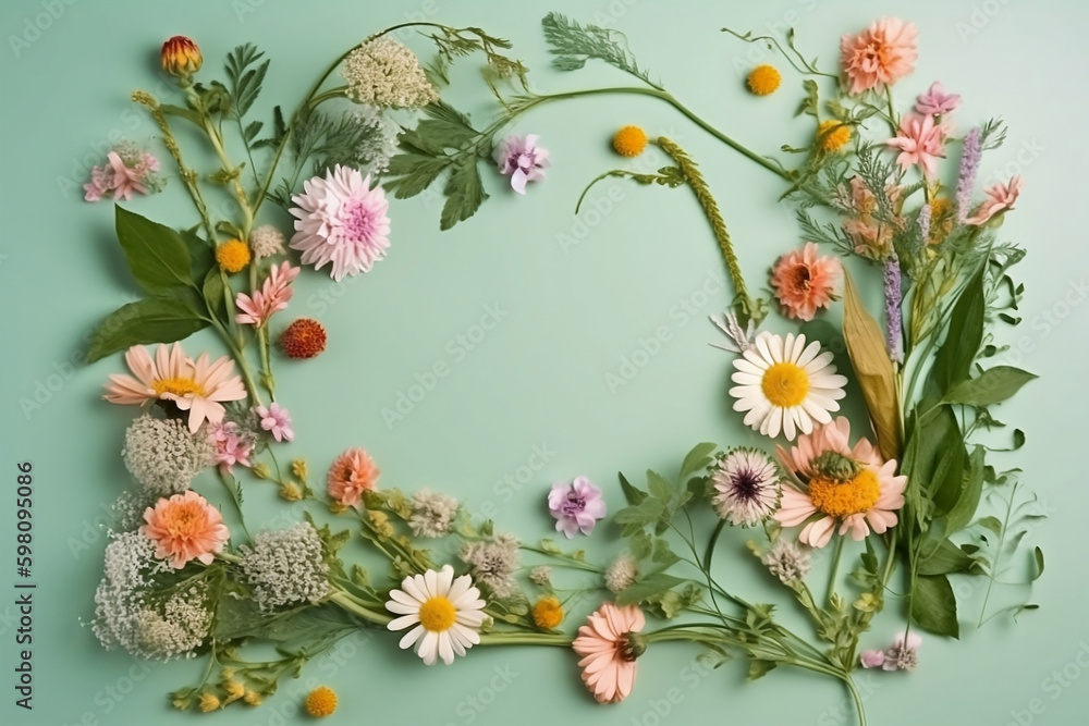 colorful wildflowers frame on pastel green background