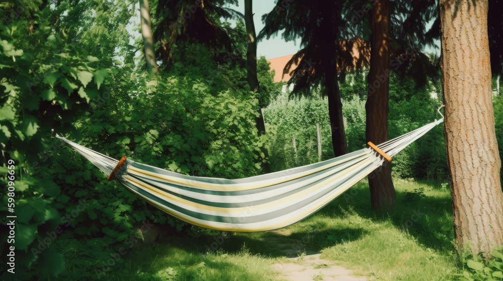 Hammock in garden. Illustration AI Generative.