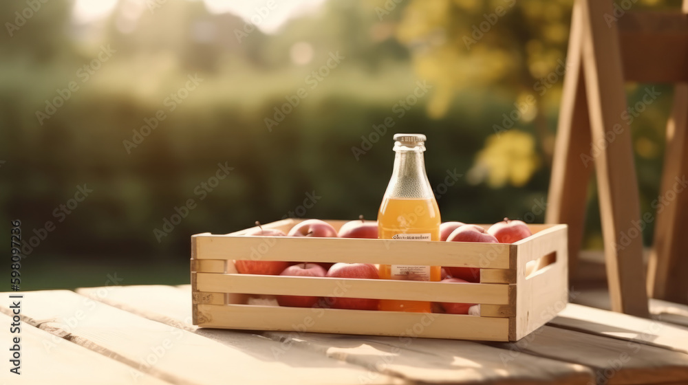 Apple juice in garden. Illustration AI Generative.