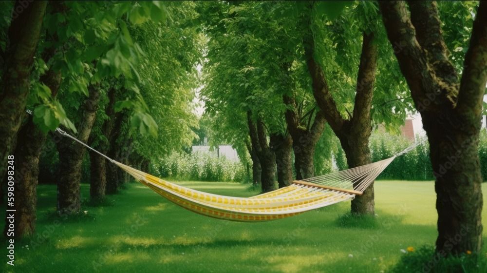 Hammock in garden. Illustration AI Generative.