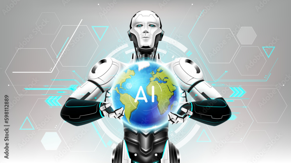 AI Artificial intelligence humanoid holding planet Earth on hand, Artificial Intelligence world tech