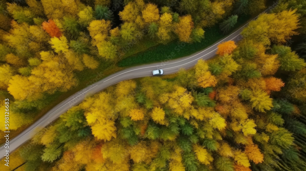 Drone view autumn forest road. Illustration AI Generative.