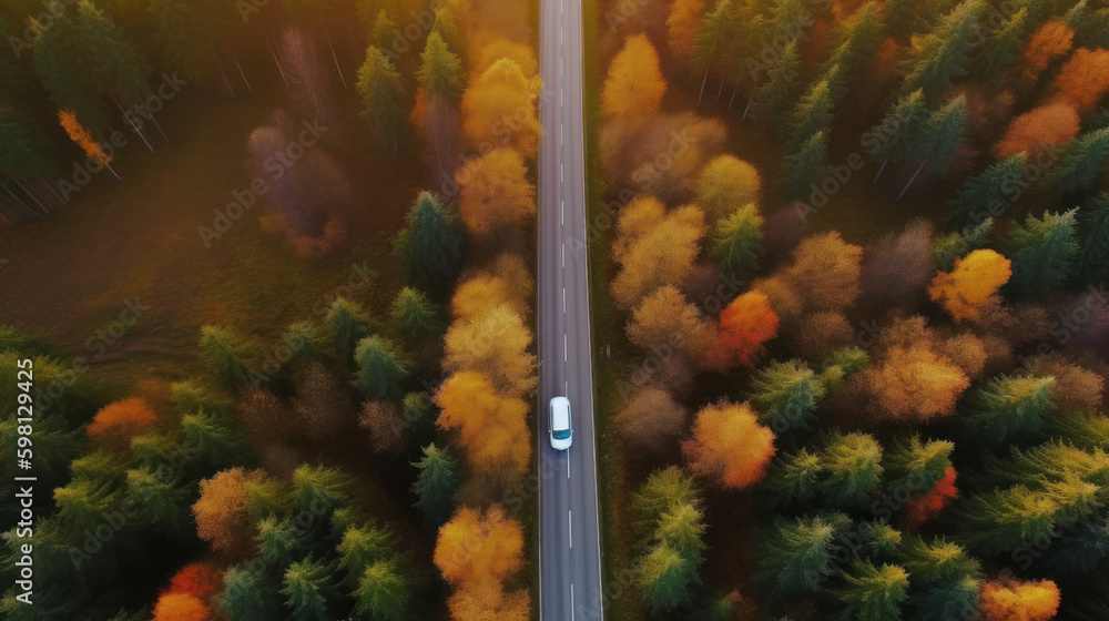 Drone view autumn forest road. Illustration AI Generative.