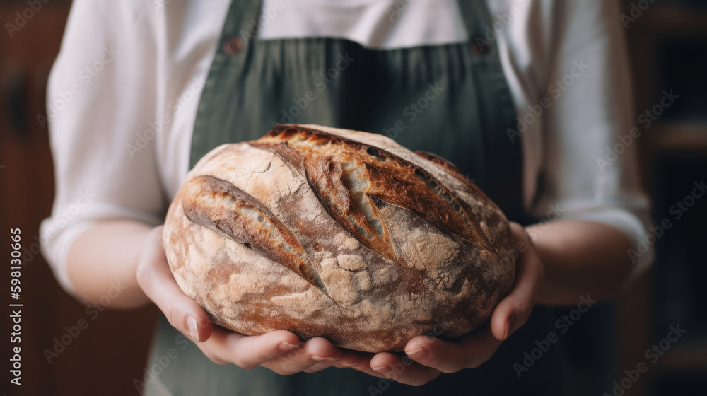 Woman holding fresh bread. Illustration AI Generative.