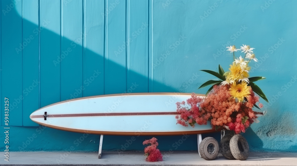 Surfboard wuth flowers. Illustration AI Generative