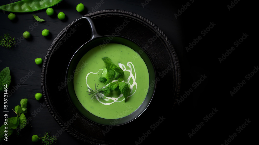 Green peas cream soup. Illustration AI Generative.