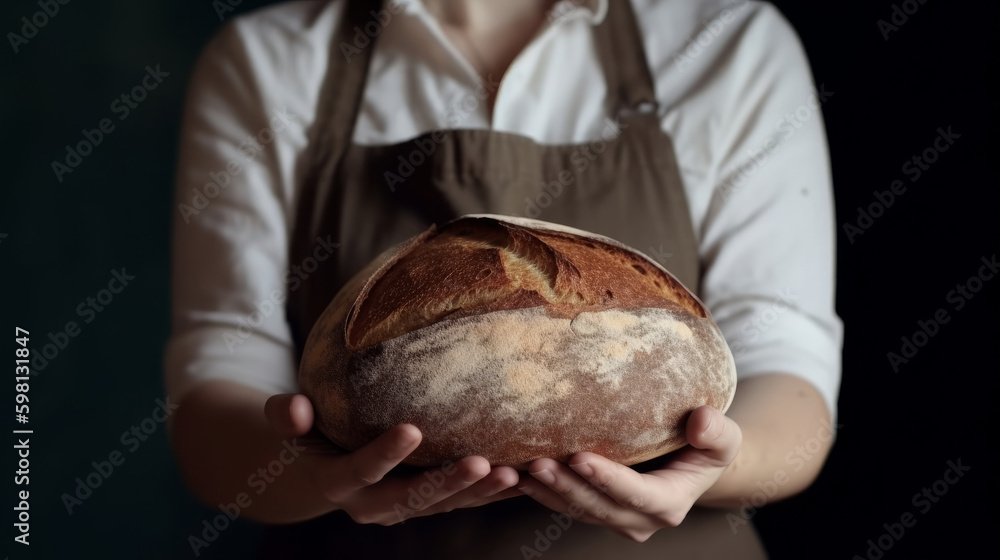 Woman holding fresh bread. Illustration AI Generative.