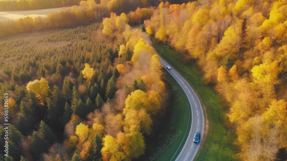 Drone view autumn forest road. Illustration AI Generative.