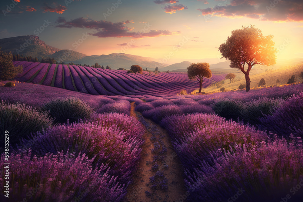 Lavender field background. Illustration AI Generative.