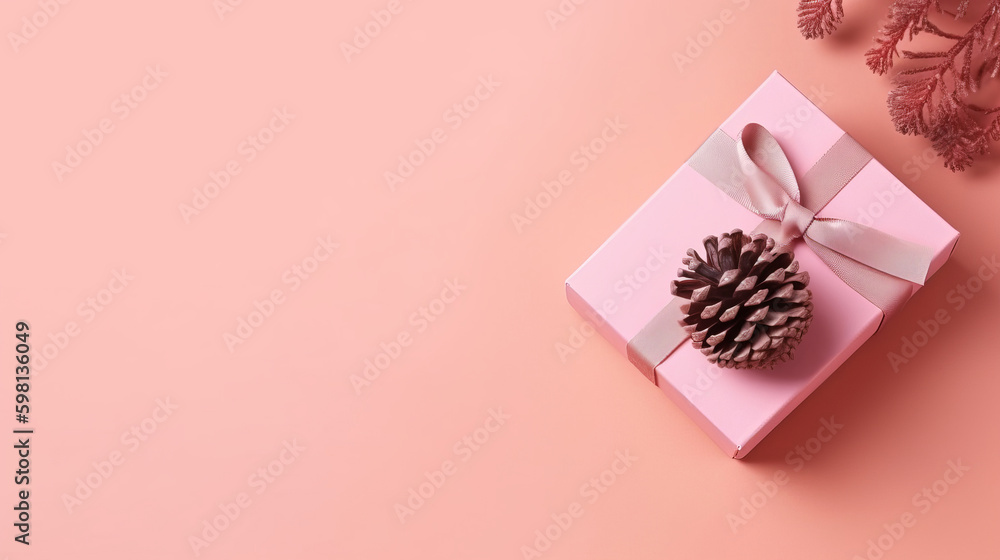 Pink gift box with pinecones. Illustration AI Generative.