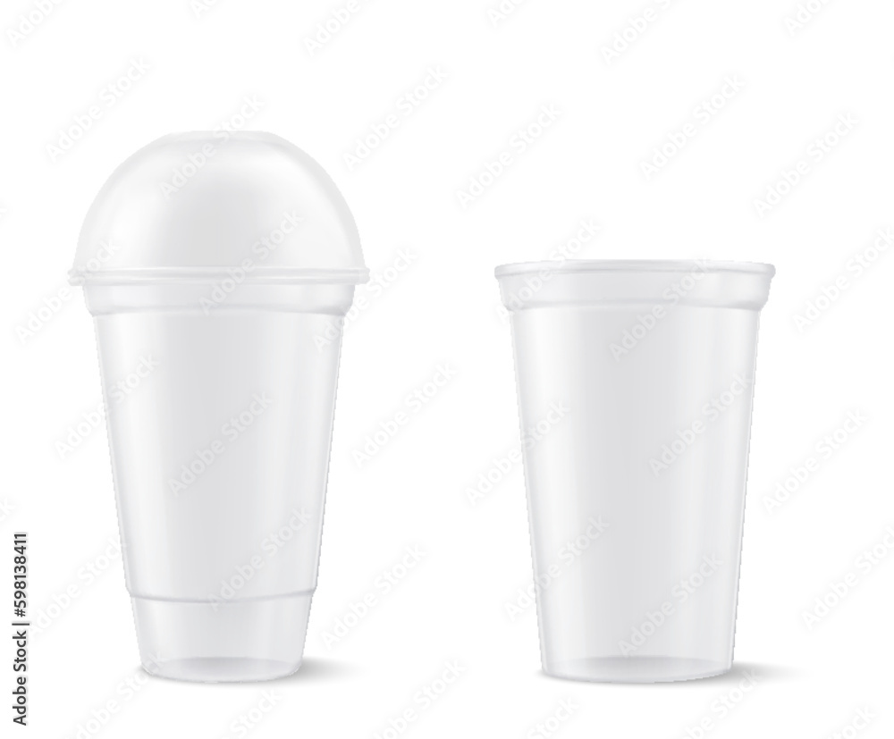 Plastic transparent cup with lid isolated on white. Vector illustration