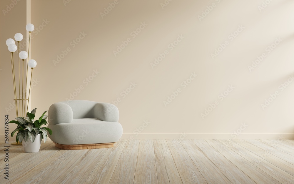 Warm interior cream wall mockup with armchair and decoration minimal.3d rendering