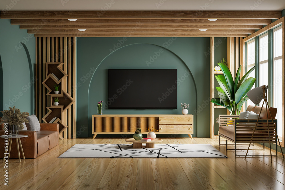 Mockup a TV wall mounted on wood cabinet with leather sofa in living room with a green wall.3d rende