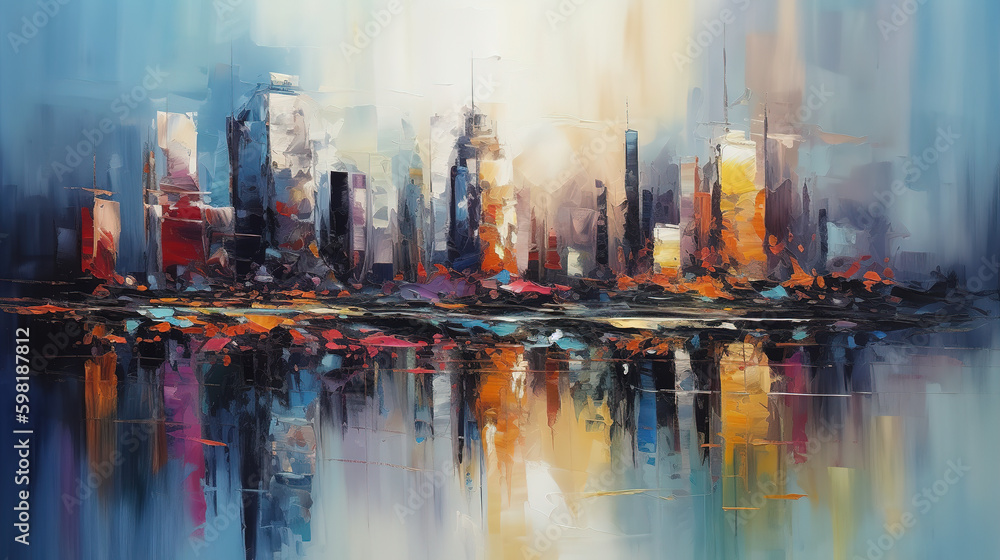 Panorama of a large modern metropolis on the ocean or river. Painting in the technique of abstract o