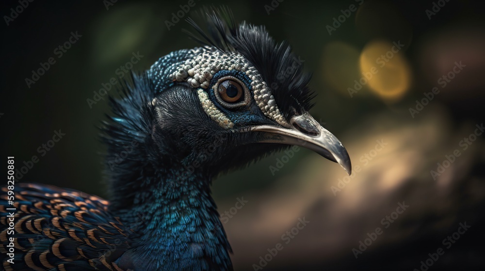 Close up photo of Peafowl bird on forest background. Generative AI