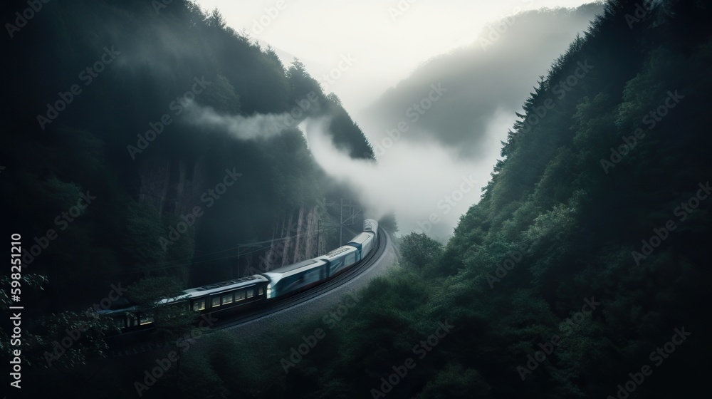 Speed passenger train moving in the mist mountains covered with forest. Generative AI