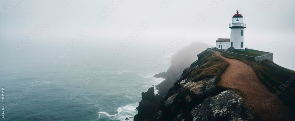 Lighthouse on a cliff edge in stormy and misty weather. Generative AI