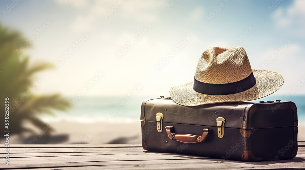 Suitcase, hat and accessories on the wooden floor with a sea background. Travel concept. Generative 