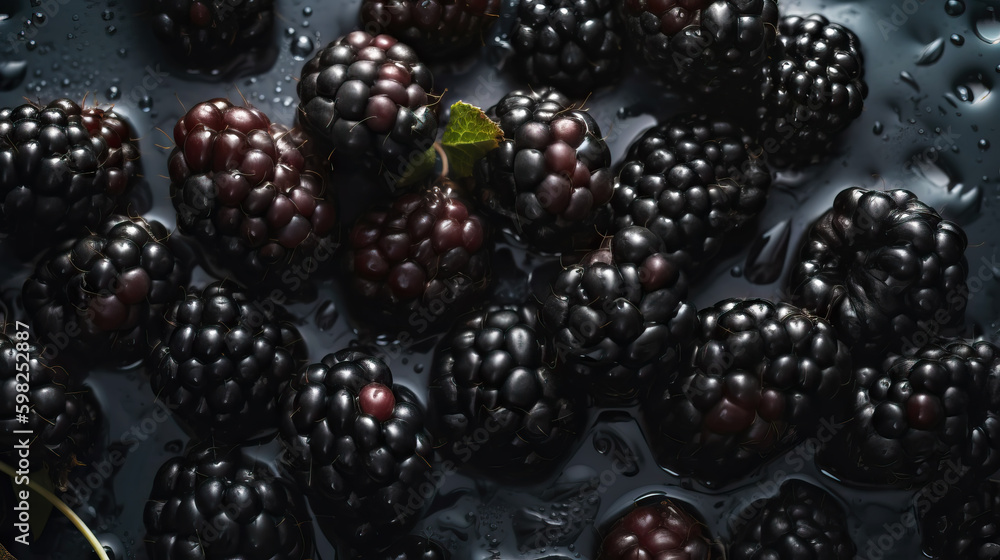 Fresh ripe blackberries with water drops background. Berries backdrop. Generative AI