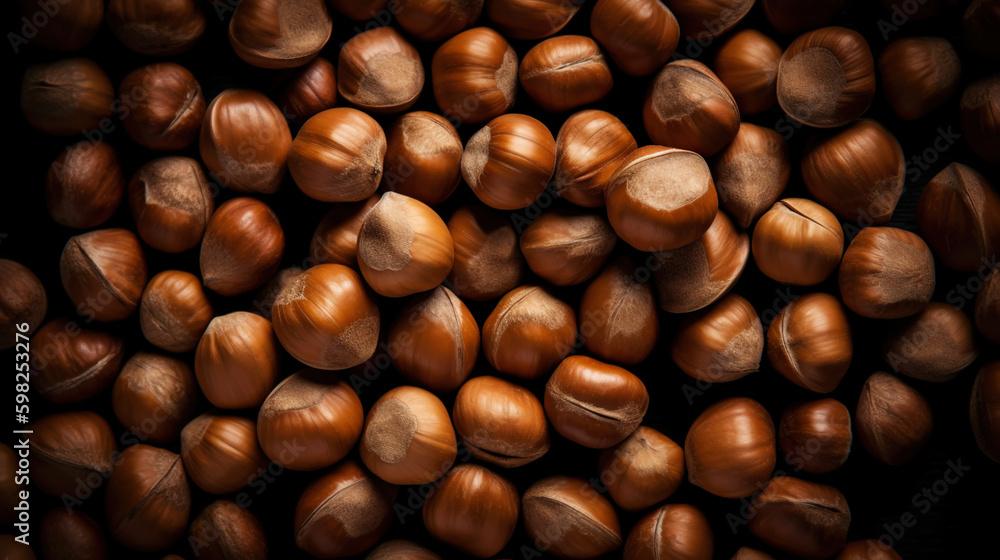 Large group og Hazelnuts. Food background. Generative AI