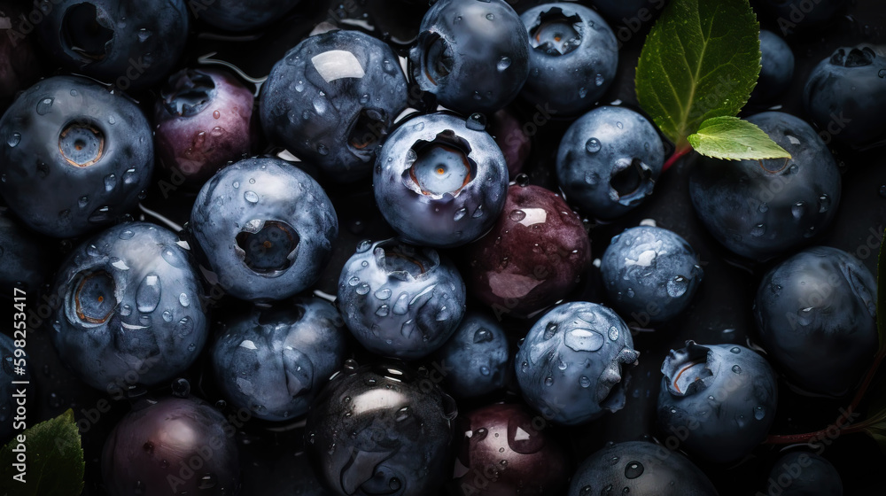 Fresh ripe blueberries with water drops background. Berries backdrop. Generative AI