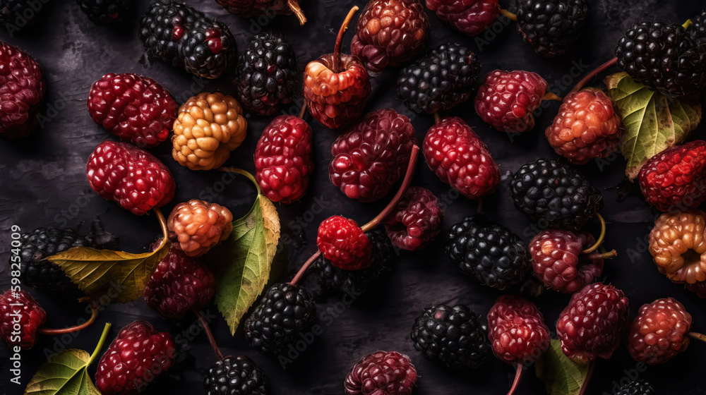 Fresh ripe mulberry with water drops background. Berries backdrop. Generative AI