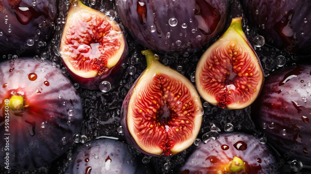 Fresh ripe figs with water drops background. Fruits backdrop. Generative AI