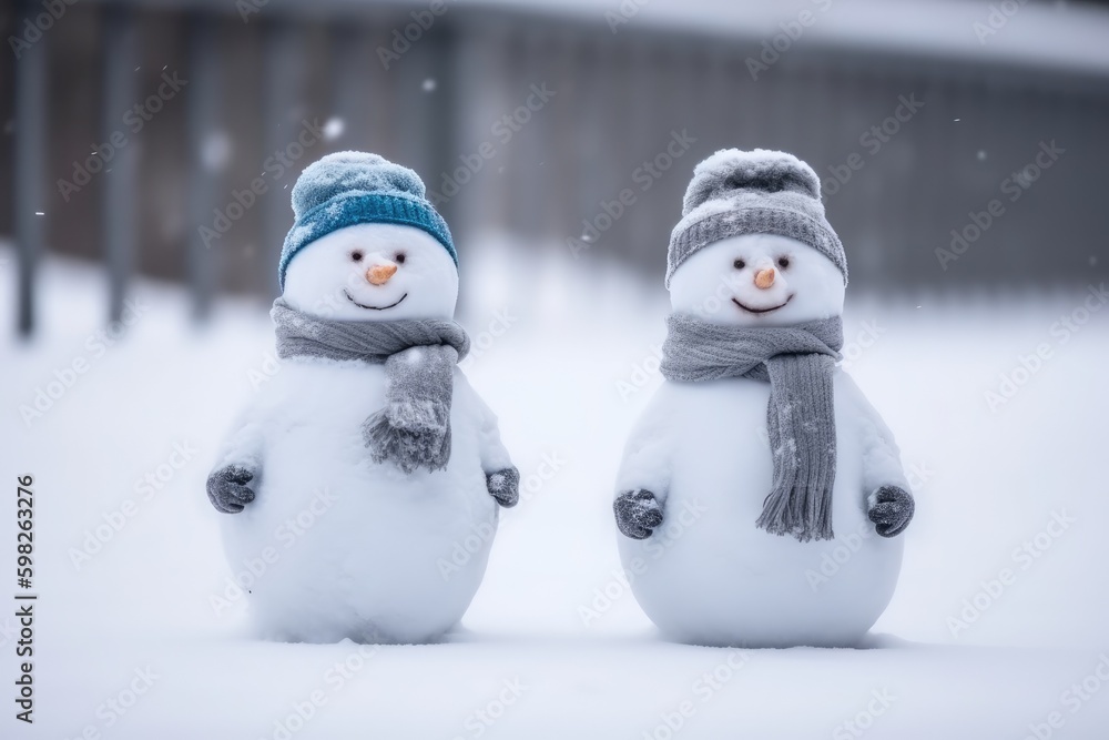 two snowmen with different accessories standing in a snowy landscape. Generative AI Generative AI