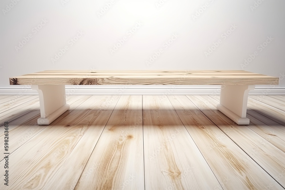 rustic wooden bench placed on a wooden floor in a natural setting. Generative AI Generative AI