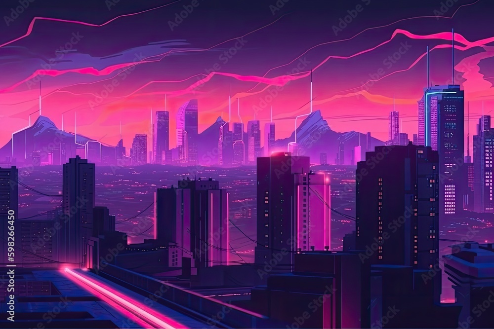 futuristic city skyline with a vibrant pink and purple sky. Generative AI Generative AI