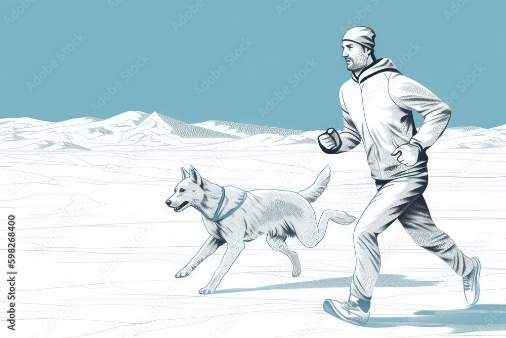 man jogging alongside his furry companion on a snowy path. Generative AI Generative AI