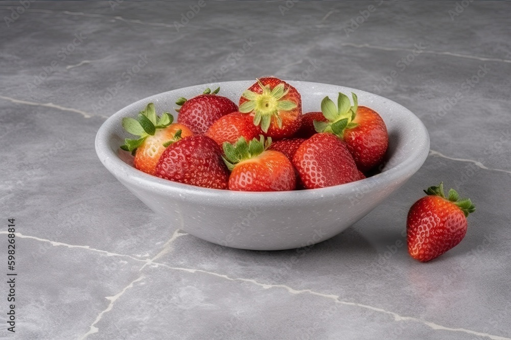 bowl of fresh and juicy strawberries on a wooden table. Generative AI Generative AI