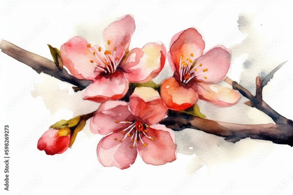 pink flowers on a branch in watercolor. Generative AI Generative AI