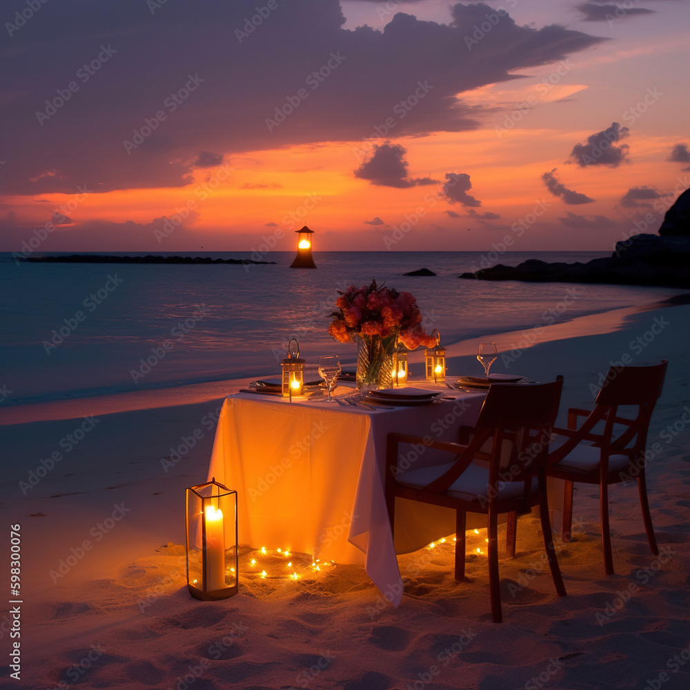 Romantic sunset on the shore of a tropical island. Cafe on the beach. Dinner table